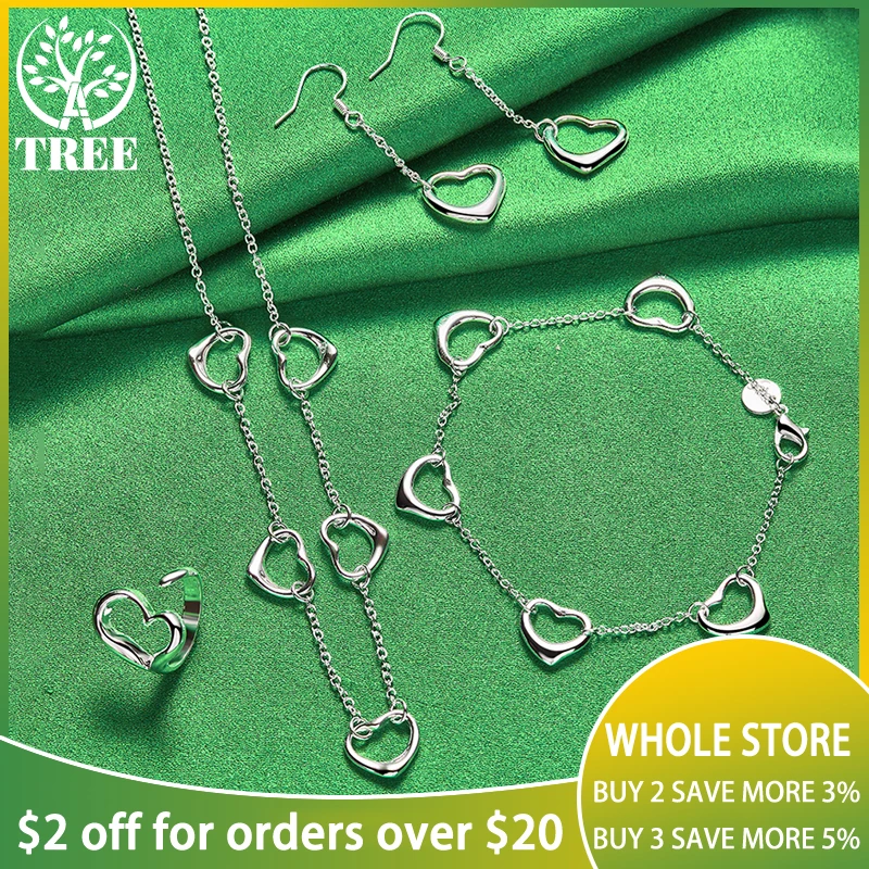 

4PCS Trendy Jewelry 925 Sterling Silver Heart Chain Necklace Bracelet Earring Ring Sets For Woman Wedding Birthday Anniversaries