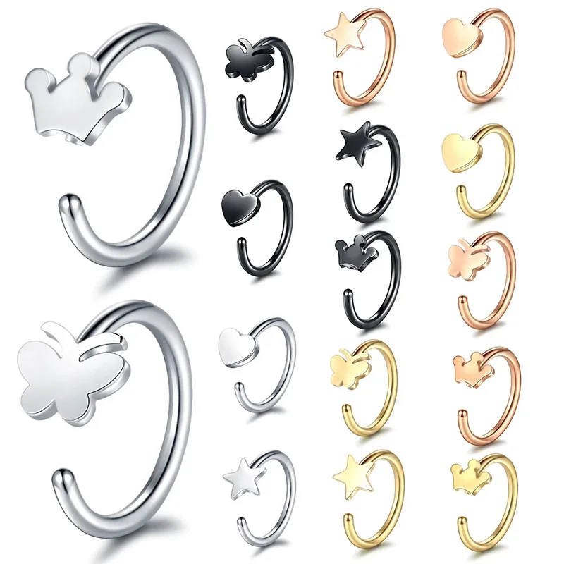 

4PC Fashion Stainless Steel C Shape Fake Nose Rings for Women Silver Color Butterfly Heart Nose Piercing Body Jewelry Piercing