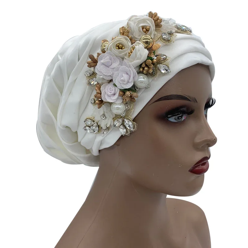 Glitter Rhinestone Flower Full Body Pleated Turban Cap Muslim Women's Head Wrap Bonnet Female Party Headpiece Turbante Hat