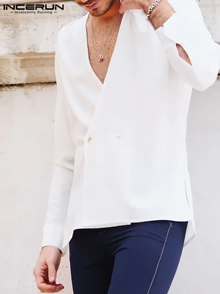 

Fashion Men Casual Shirt Deep V Neck 2022 Long Sleeve Button Camisa Masculina Solid Color Loose Leisure Men Clothing 5XL INCERUN