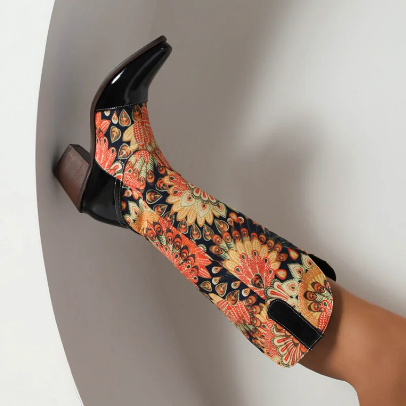 

Winter 2022 New Printed Paneled Square Toe Mid-heel Women's Boots Block Heeled European and American Boots Bottes Pour Femmes