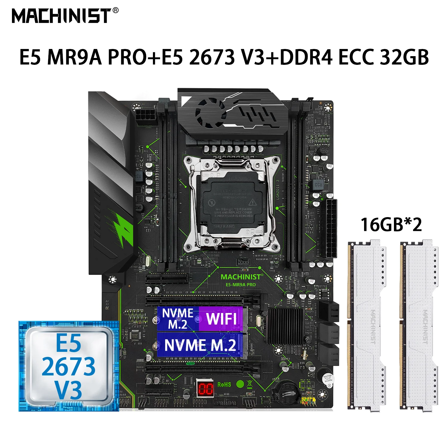 

MACHINIST E5 MR9A PRO Motherboard Kit Set LGA 2011-3 With Xeon Processor E5 2673 V3 CPU RAM DDR4 ECC 32GB=2*16GB Memory NVME M.2