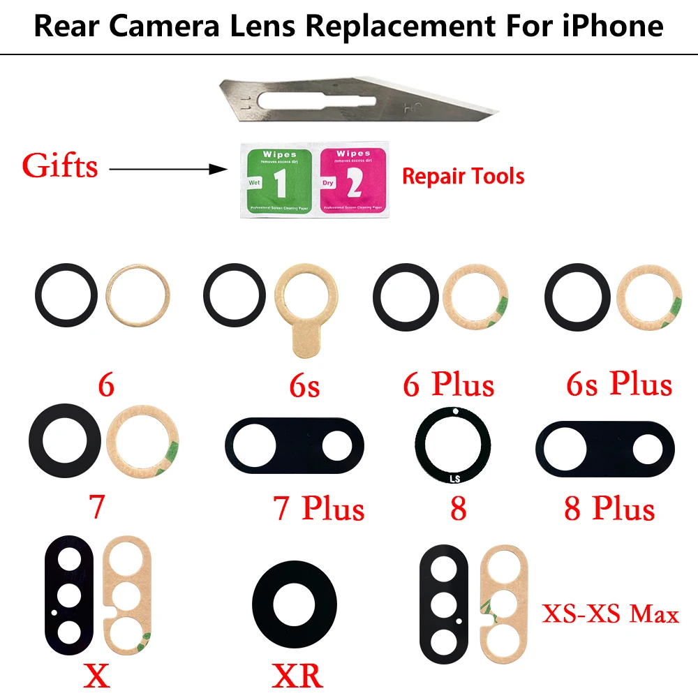 

Rear Camera Glass lens For iPhone 6 6S 7 8 Plus X XR XS Max Back Camera glass Lens With Sticker Adhesive Repair Spare Parts+Tool