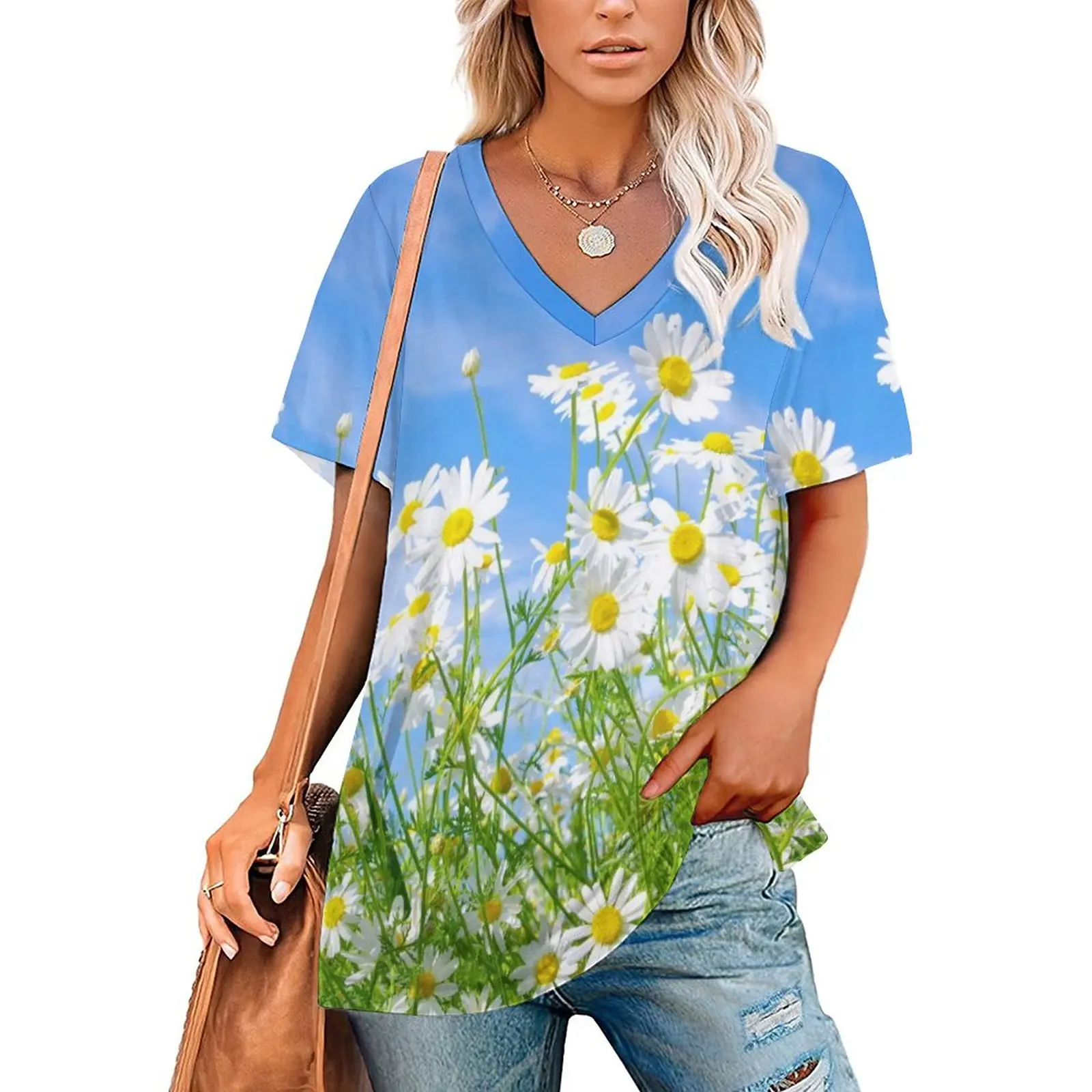 

V Neck Short-sleeve Women Shirt Printed Daisy 3D Women Print T-shirt