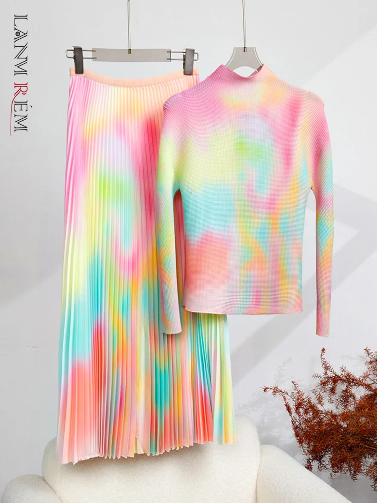 

LANMREM Gradient Printing Pleated 2 Pieces Set For Women Long Sleeves Slim Tops High Elastic Waist Fold Skirts 2023 2YA3490