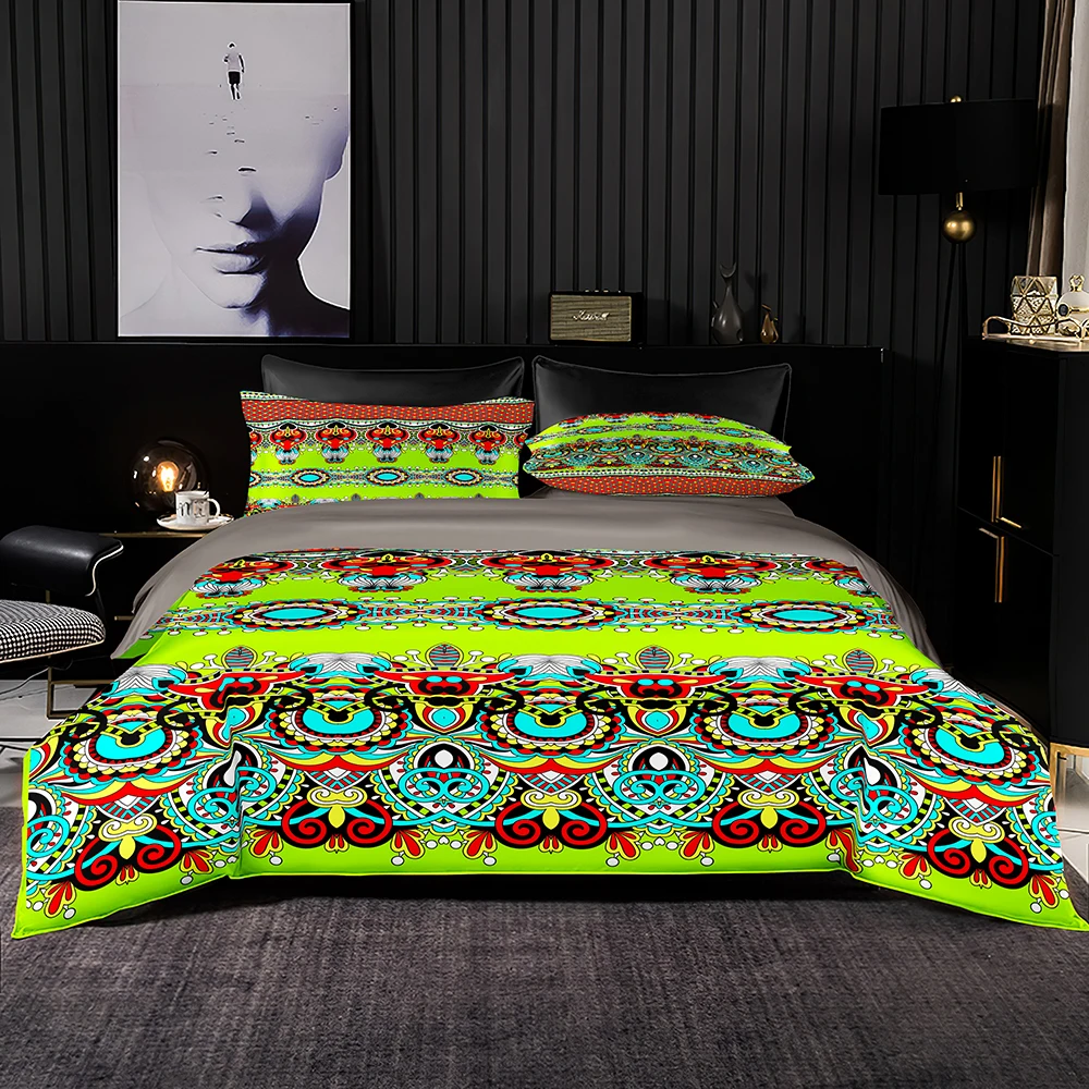 

2/3 Sets Vintage Bedding Set,Light Green Retro Totem Print Duvet Cover King Queen Size,Latin Style with Pillowcase for Bedroom