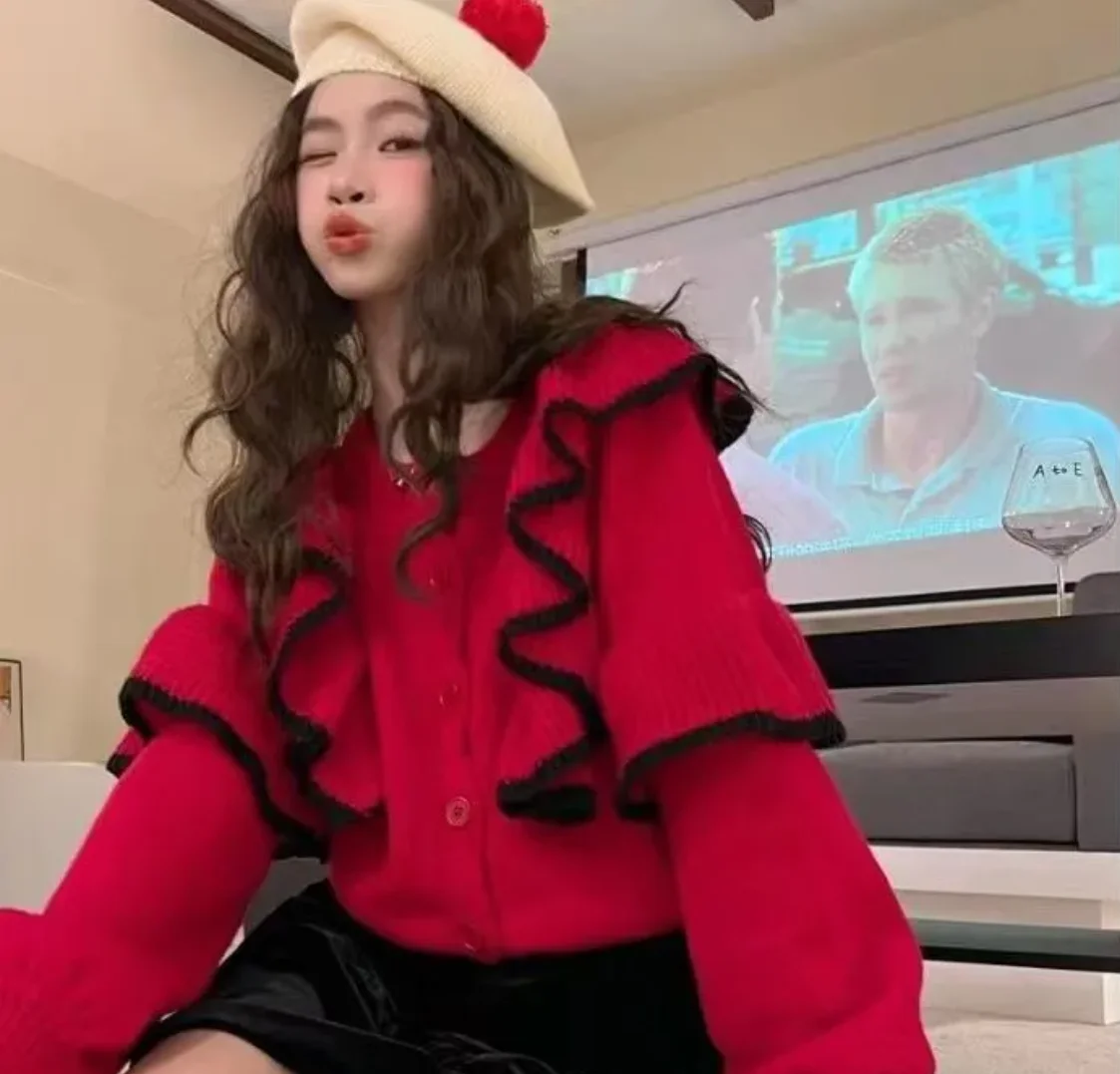 Новинка 2024 осенне-зимний вязаный кардиган с оборками и рукавами-фонариками