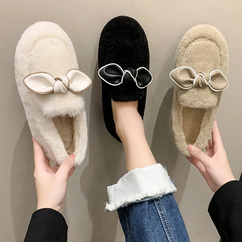 

Loafers Fur Moccasin Shoes Women All-Match Autumn Bow-Knot Round Toe Clogs Platform Casual Female Sneakers Modis Moccasins Winte