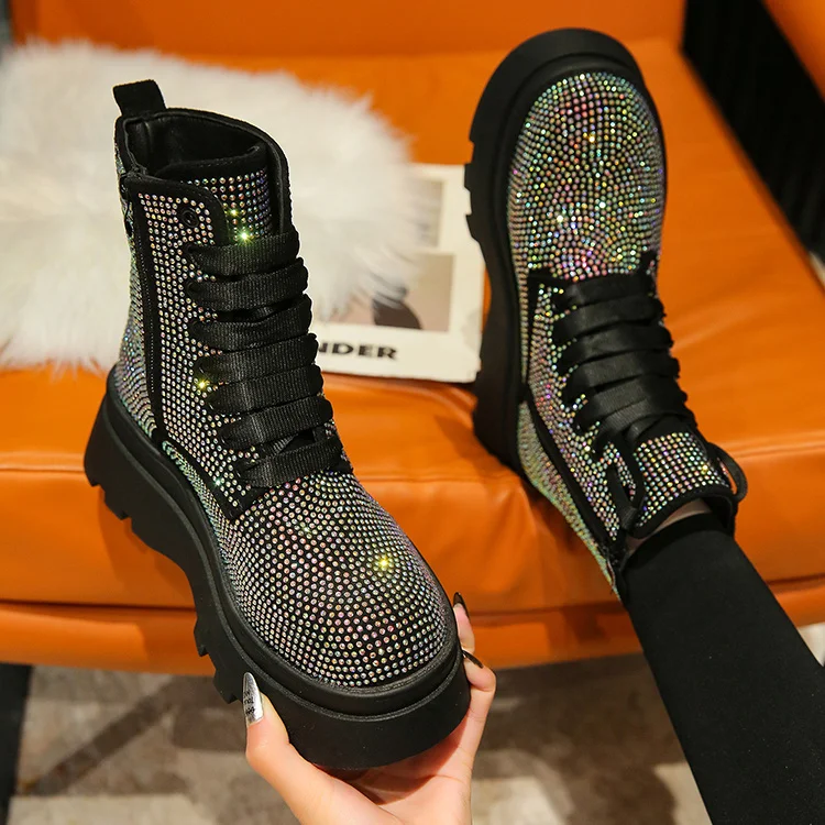 

Internet Hot Women's Autumn and Winter 2023 New Winter Small Thick Bottom Increased Full Diamond Rhinestone Ankle Boots