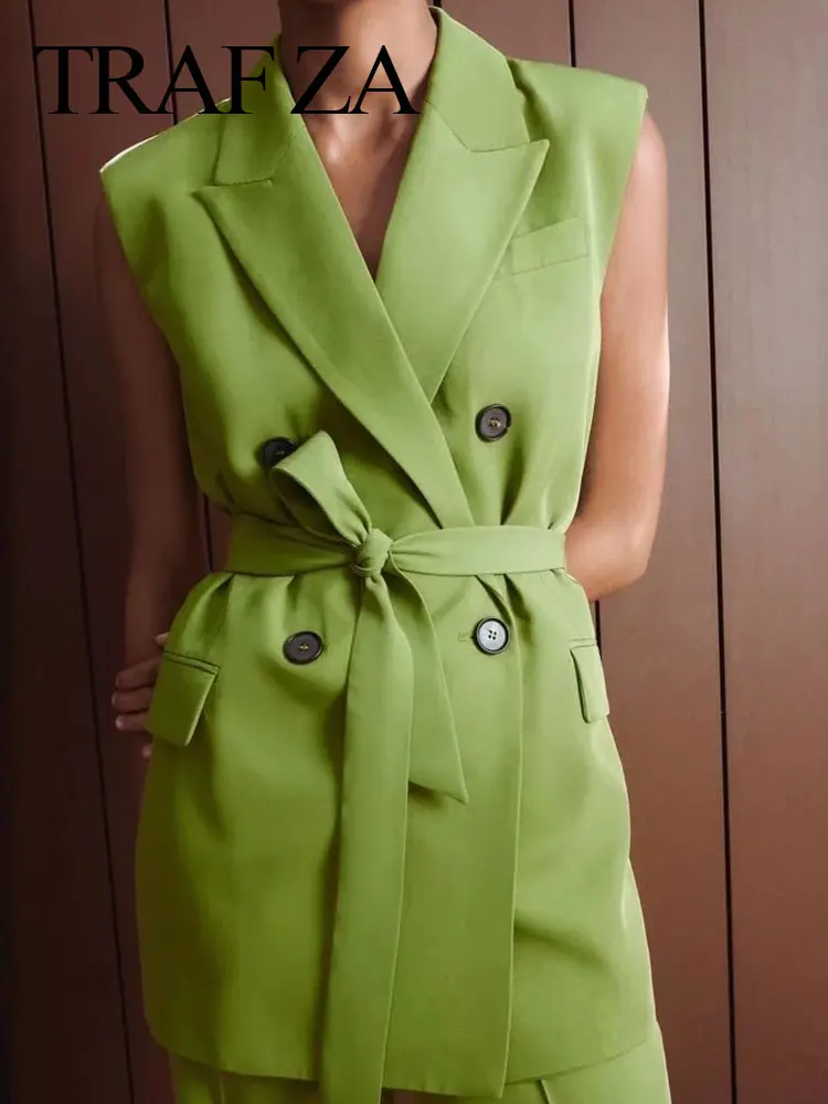 

TRAF ZA Green Chic Double Breasted Sleeveless Long Suit Vest Top Premium Belt Waist Slim Fashion Singles Women's Clothing New