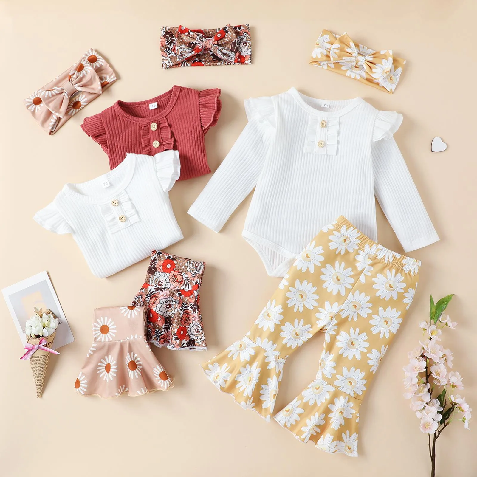 

0-18 Months Newborn Infant Baby Girls Clothes Sets Fall Long Sleeve Ribbed Romper+Flowers Prints Trumpet Pants+Headbands Outfits