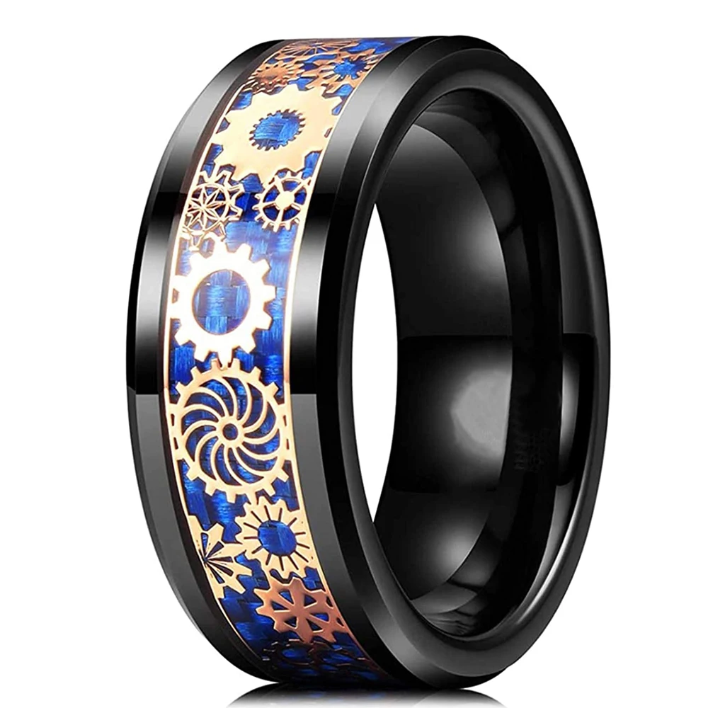 

Vintage Mens Steampunk Gold Color Gear Wheel Stainless Steel Ring Dragon Inlay Blue Carbon Fiber Ring Gothic Men Wedding Band