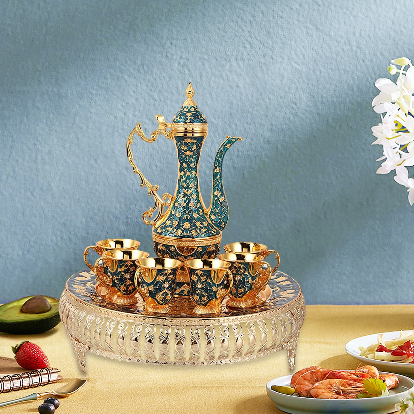 Роскошный винтажный Турецкий кофейник чайный набор украшения с 6 чашками поднос