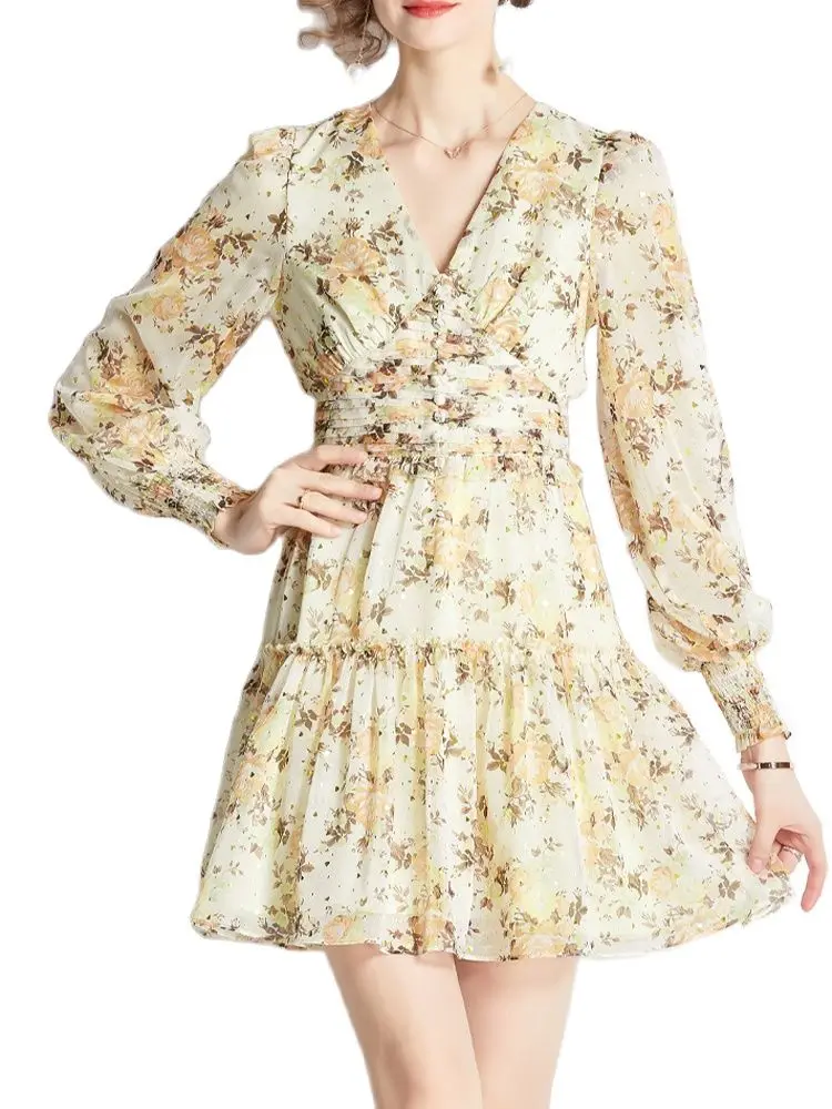 

Temporary Chiffon Dress Printing Blemish Waist Waist Thin Long Sleeve Dress 2022 Summer New Fashion Women'S Clothing