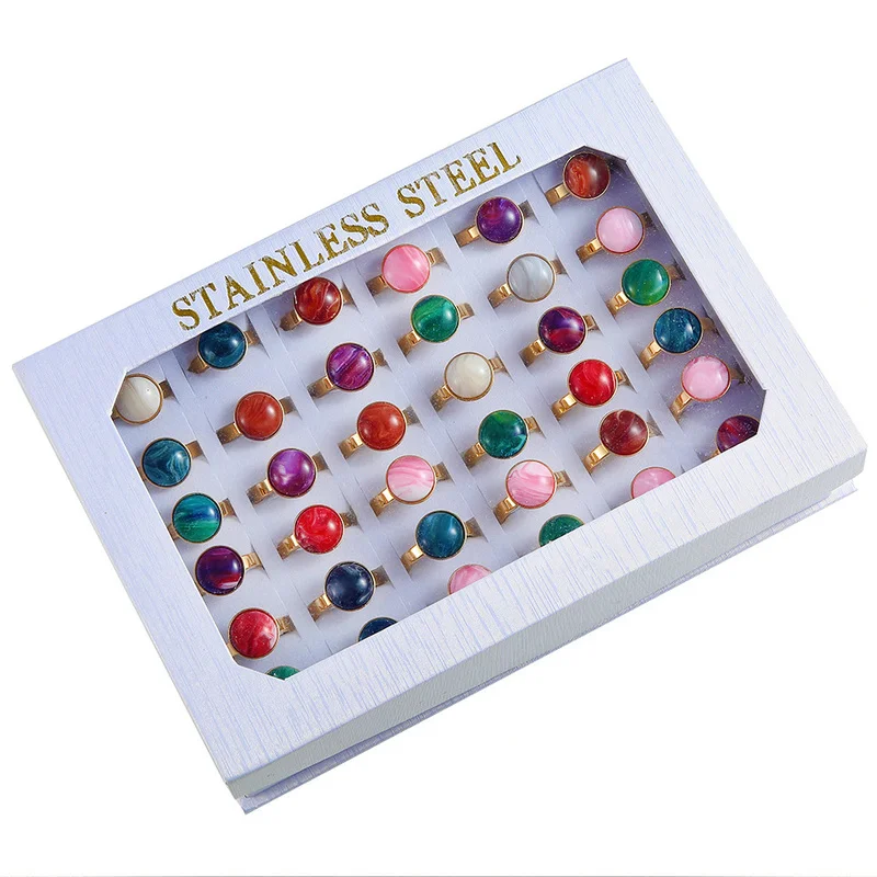 

36pcs/lot Mixed Gold Color Stainless Steel Round Natural Stone Ring for Women Men Party Fashion Jewelry Gift Wholesale