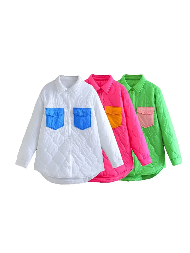 

XEASY Women With Pockets Oversized Contrast Padded Jacket Coat Vintage Long Sleeve Front Button Female Outerwear Chic Tops