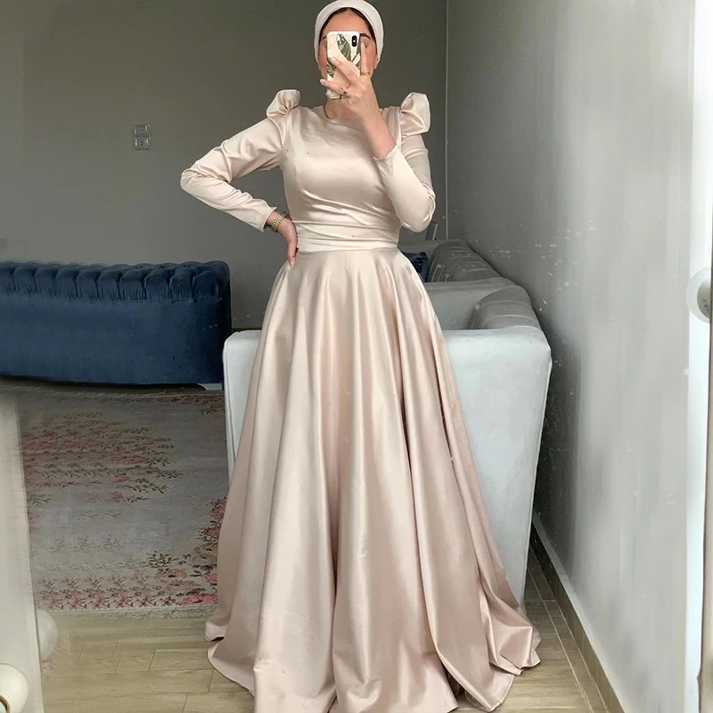 

Женское атласное платье с длинным рукавом, ТРАПЕЦИЕВИДНОЕ ПЛАТЬЕ цвета шампанского, с круглым вырезом, длиной до пола, в мусульманском стиле, для выпускного вечера, 2024