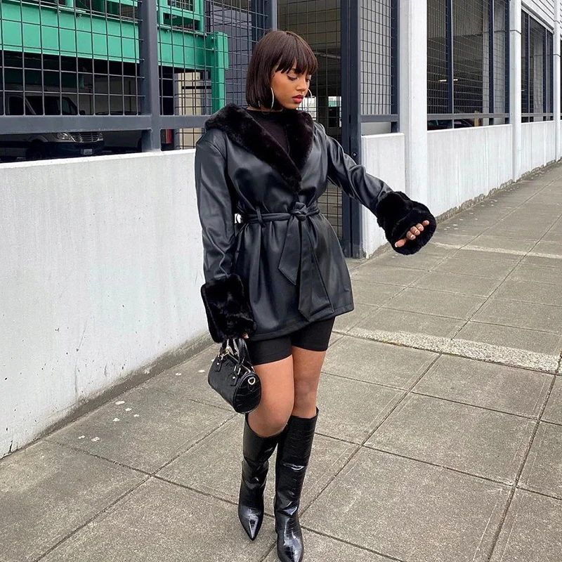 Parka Coat Fur Fur Collar Leather Ladies Fashion Loose Solid Color PU Leather Coat Ladies Elegant Lace-up Cotton Jacket Women