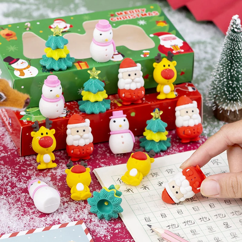 

4 Pcs Erasers Children Box Set Painting Merry Christmas Santa Claus Pencil Eraser School Student Office Stationery Writting Gift