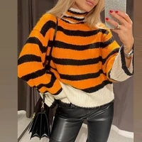 orange striped pullover femme fashion warm winter large outline casual half high neck loose knit sweater womens cropped sweater