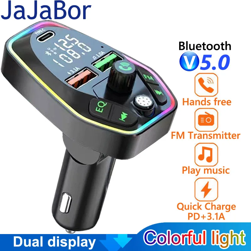 

JaJaBor Wireless FM Transmitter Dual Display Type C PD 20W 3.1A Fast Charging Dual USB Charger Bluetooth 5.0 Handsfree Car Kit