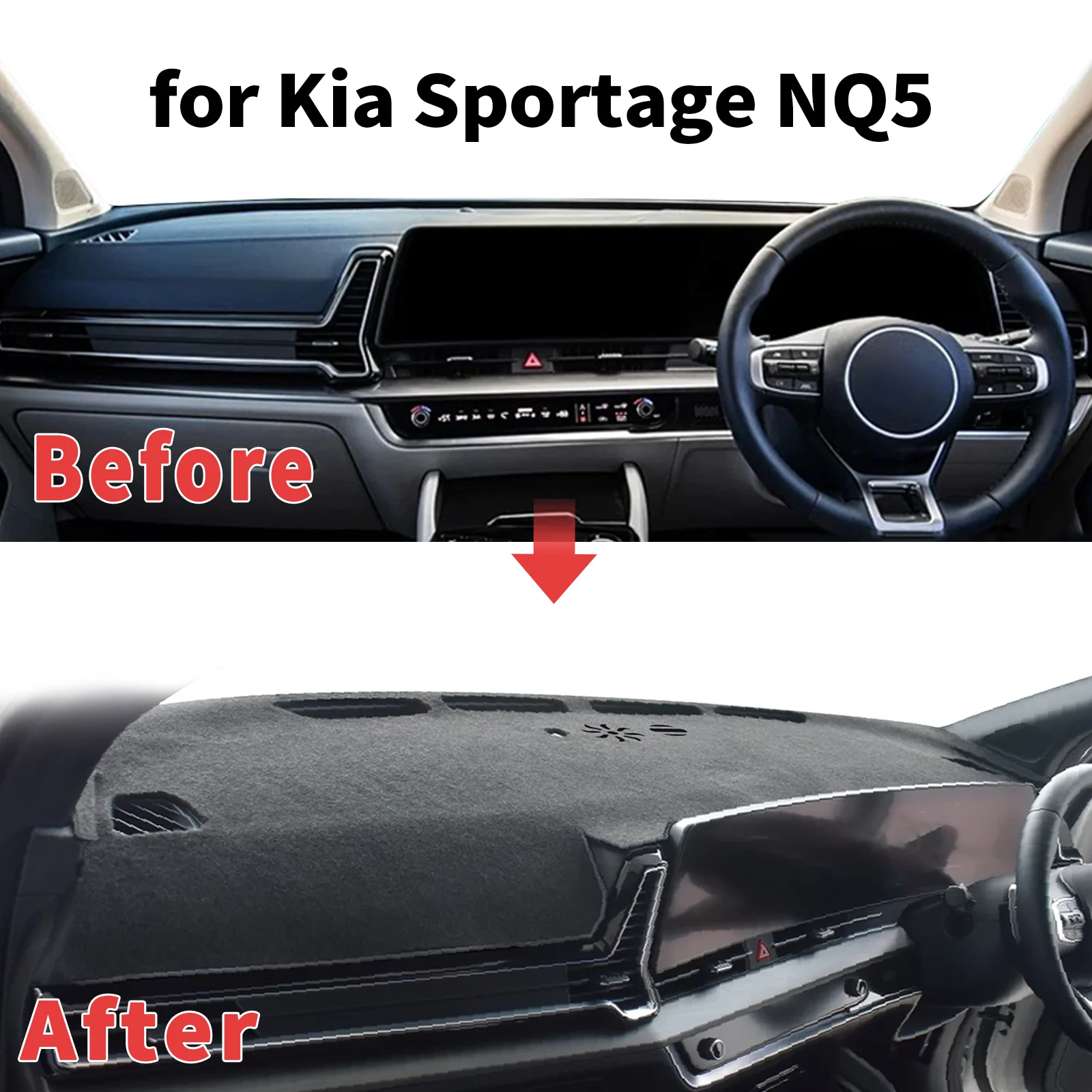 Фото Защитный коврик на приборную панель для Kia Sportage NQ5 (не подходит для моделей с HUD), антибликовый, с защитой от УФ-излучения, коврик-накладка на панель приборов. №1