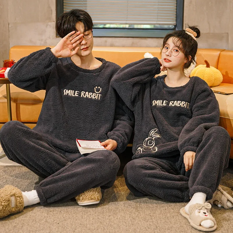 2022 Winter Flannel Pyjamas Cartoon Long Sleeve Coral Fleece Warm Sleepwear Long Wear Women Pajamas Rabbit Cow Animal Pajamas