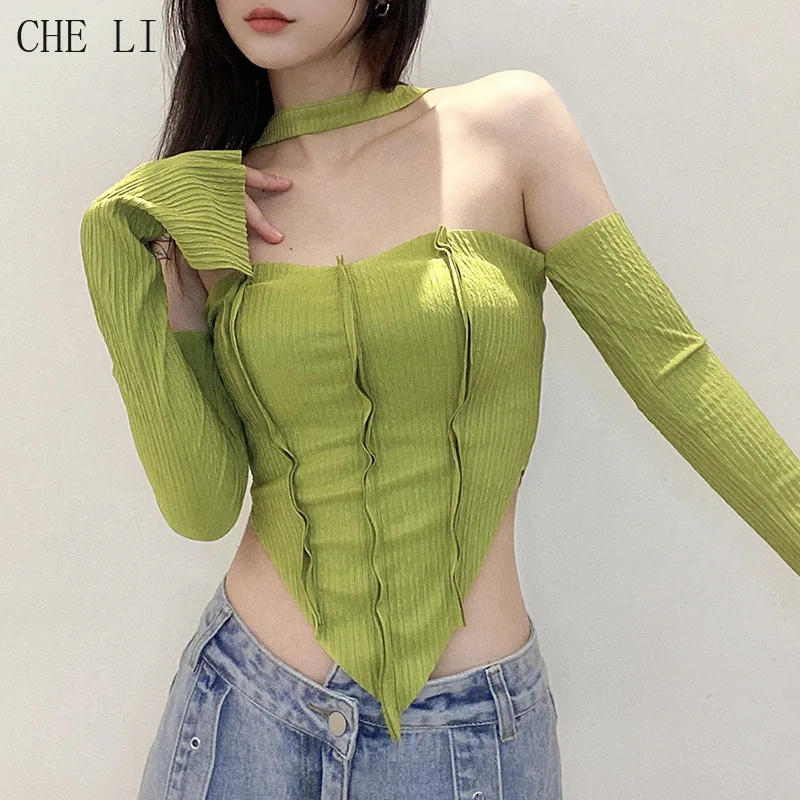 

Sexy Halter Long Sleeve Top Women Punk Hollow Out T-Shirts Autumn Slash Neck Tees Gothic Plaid Print Crop Streetwear Top Female