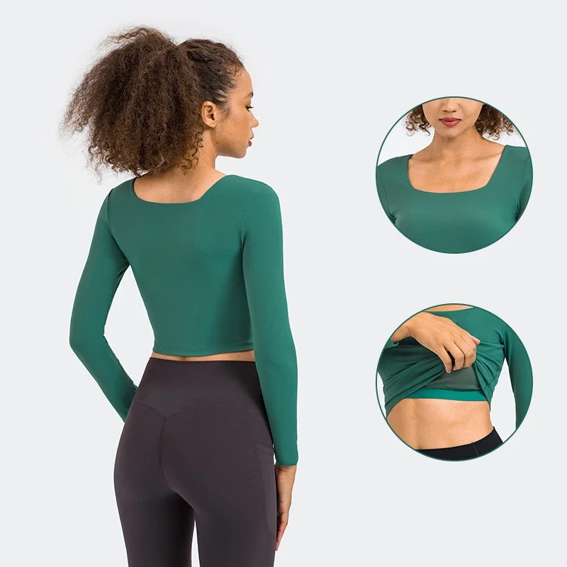 Solid Color Women Long Sleeve Yoga Shirt Sport Top Fitness Comprehensive Training Breathable U-neck Half Long Sleeves Chest Pad
