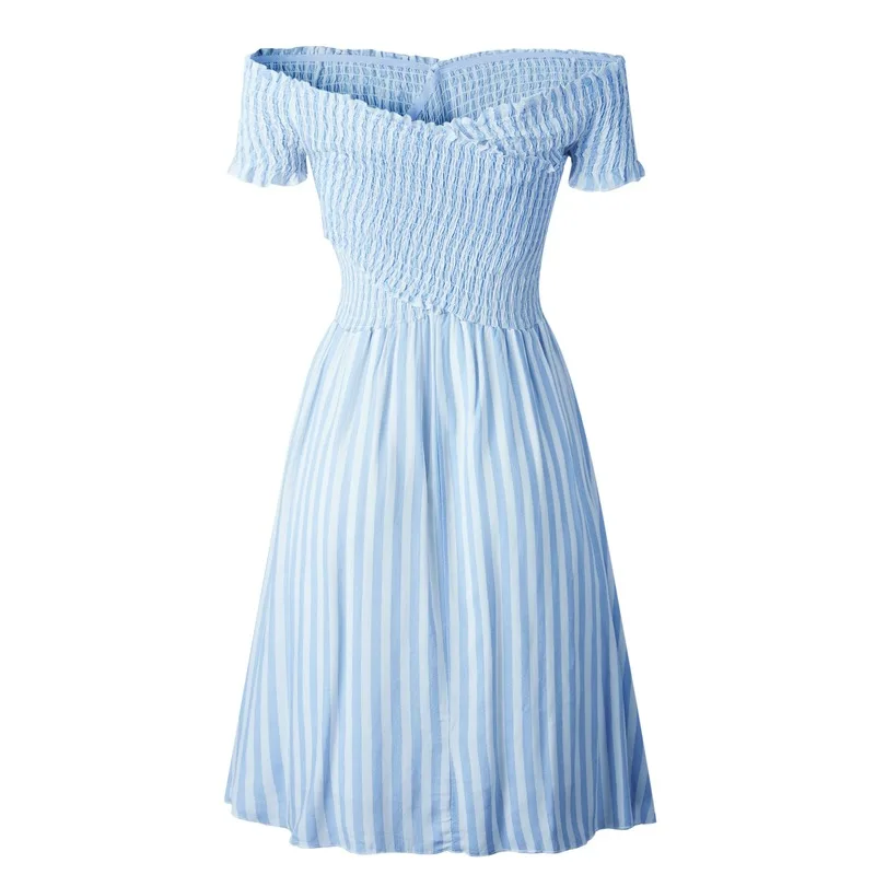 Купи Women Elegant Off Shoulder Stripe Dresses Summer Blue Party Club Dress Plus Size Slash-neck Clothes 2021 New Bohemian Streetwear за 1,205 рублей в магазине AliExpress