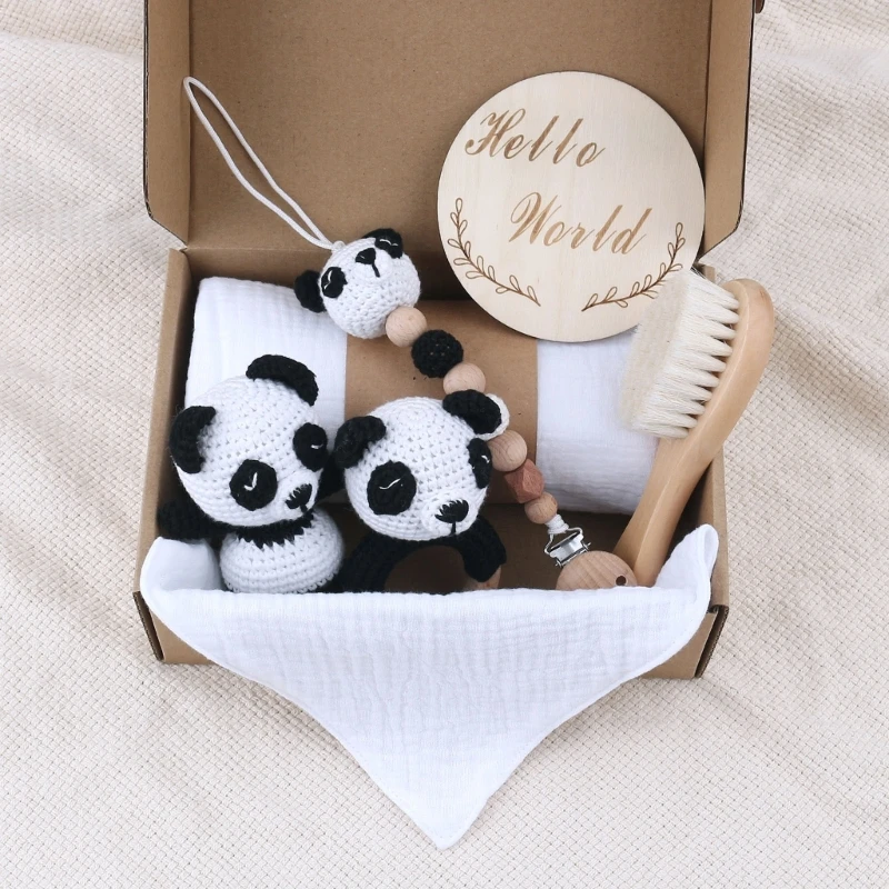 

Upgraded Baby Gift Set Panda- Crochet Teething Rings- Clip Baby Blanket Newborn Keepsakes Memory Milestone-