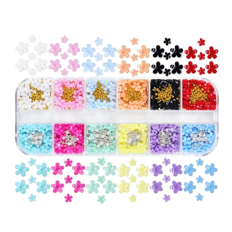 

3D Подвески для ногтей с цветами, 12 цветов, 3D акриловые украшения для ногтей с золотыми и серебряными бусинами в виде икры, жемчужины для твор...