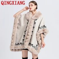 winter warm big faux rabbit fur collar poncho cape oversize women black printed loose cloak european cardigan plus size coat