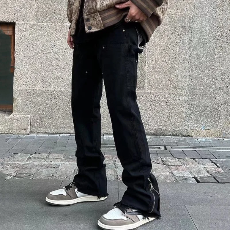 Hip Hop White Straight Ripped Casual Mens Jeans Pants Both Side Tassel Wide Leg Streetwear Denim Trousers Oversized Men Clothing