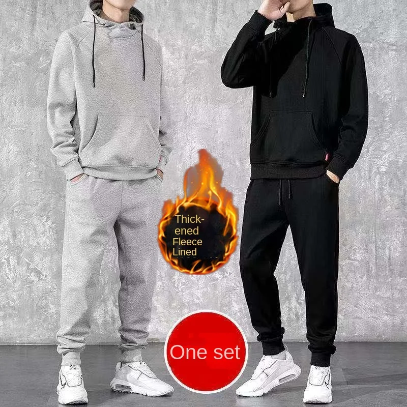 

Men Thick Fleece Tracksuit Winter Warm Hoodie and Sweatpant Set Unisex High Collar Oversized Jogging Suit