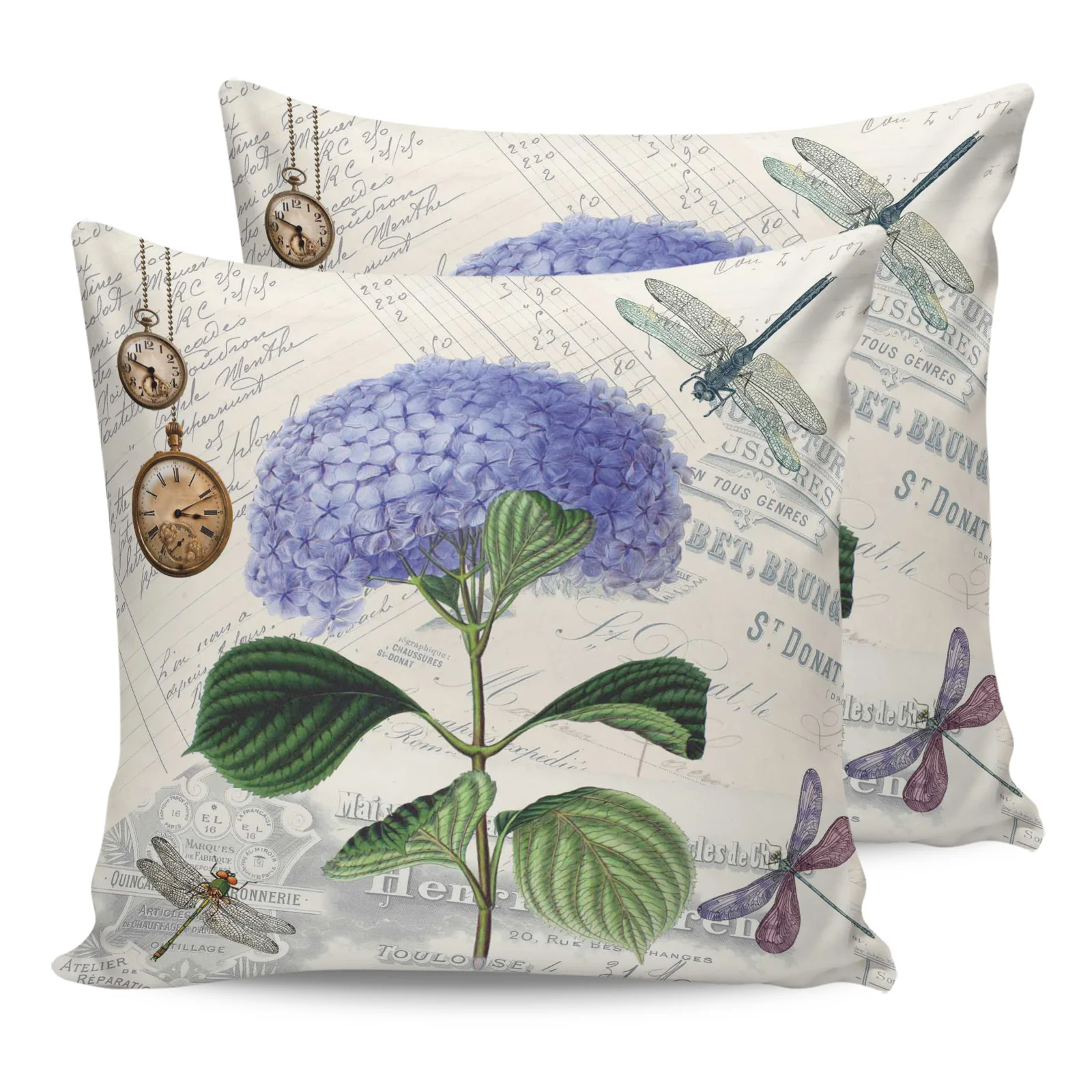 

2 шт. наволочка фиолетовый цветок стрекоза винтажные часы Ретро Чехол для подушки