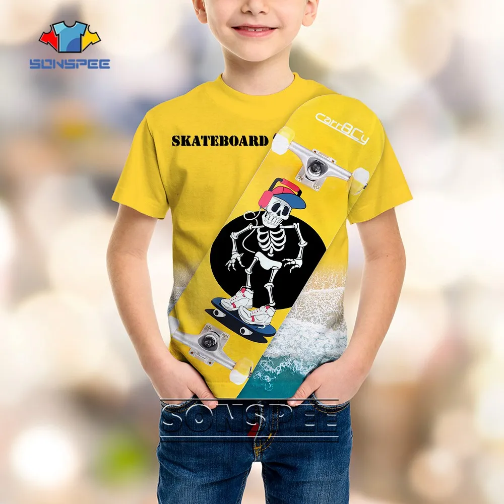 

Летняя крутая детская футболка SONSPEE с 3D-принтом черепа скейтборда, модная трендовая индивидуальная футболка с коротким рукавом для мальчик...