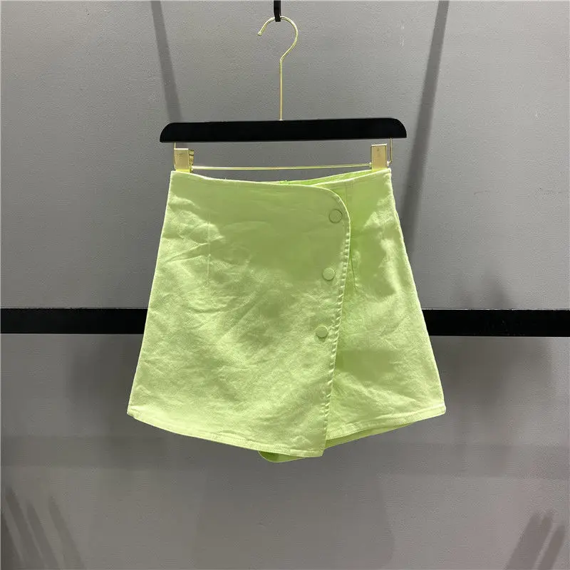 2022 spring  green vacation two-piece high-waisted shorts skirt women's slim bag hip skirt pants denim  Button  Solid