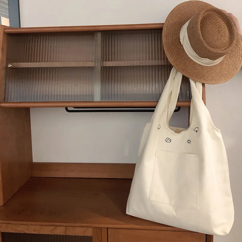 

Холщовая Сумка-тоут для покупок, сумки на плечо с вышивкой в виде облаков, экологически чистая многоразовая Милая школьная сумка-тоут