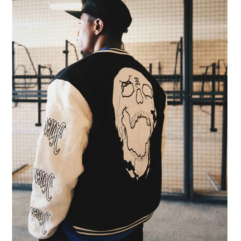 

Men's Jacket American Patchwork Monogram Embroidered Loose Jacket Street Vintage Clothing Skull Embroidered Baseball Jacket Men