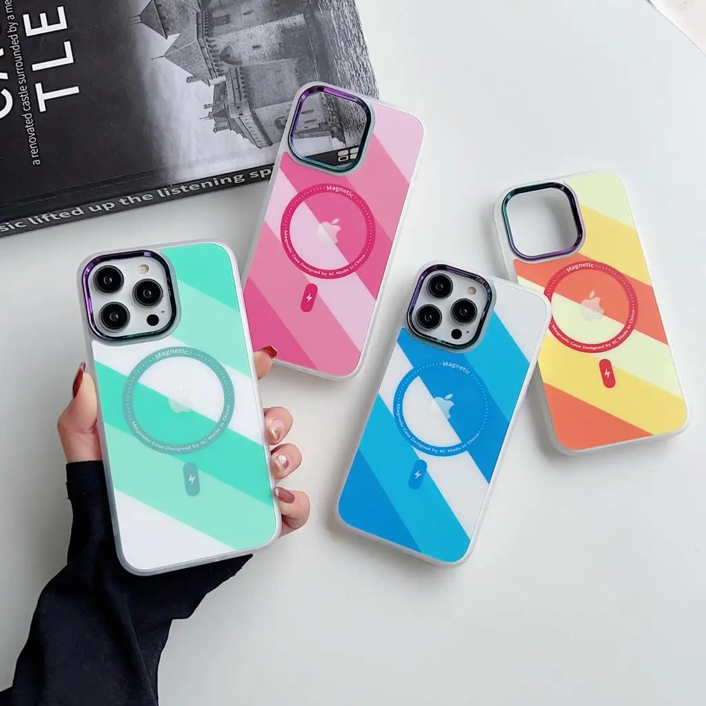 

Gradient Slash N52 Magnet Magnetic Wireless Charging Cover For iPhone 14 13 Pro Max 12 11 For Magsafe Charger Plastic Armor Case