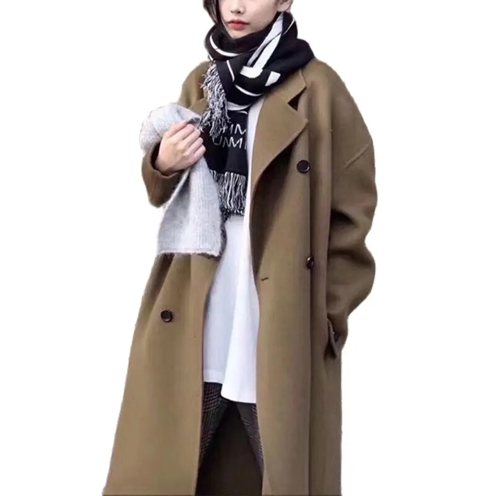 

Женское длинное пальто из 100% шерсти на осень и зиму, однотонное пальто с двойными пуговицами, свободное шерстяное пальто в английском стиле, Прямая поставка