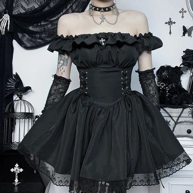 

Goth Dark Lolita Gothic A-line Corset Mini Dresses egirl Grunge Off Shoulder Party Outfits Women Sexy Lace Hem Shrring Alt Dress