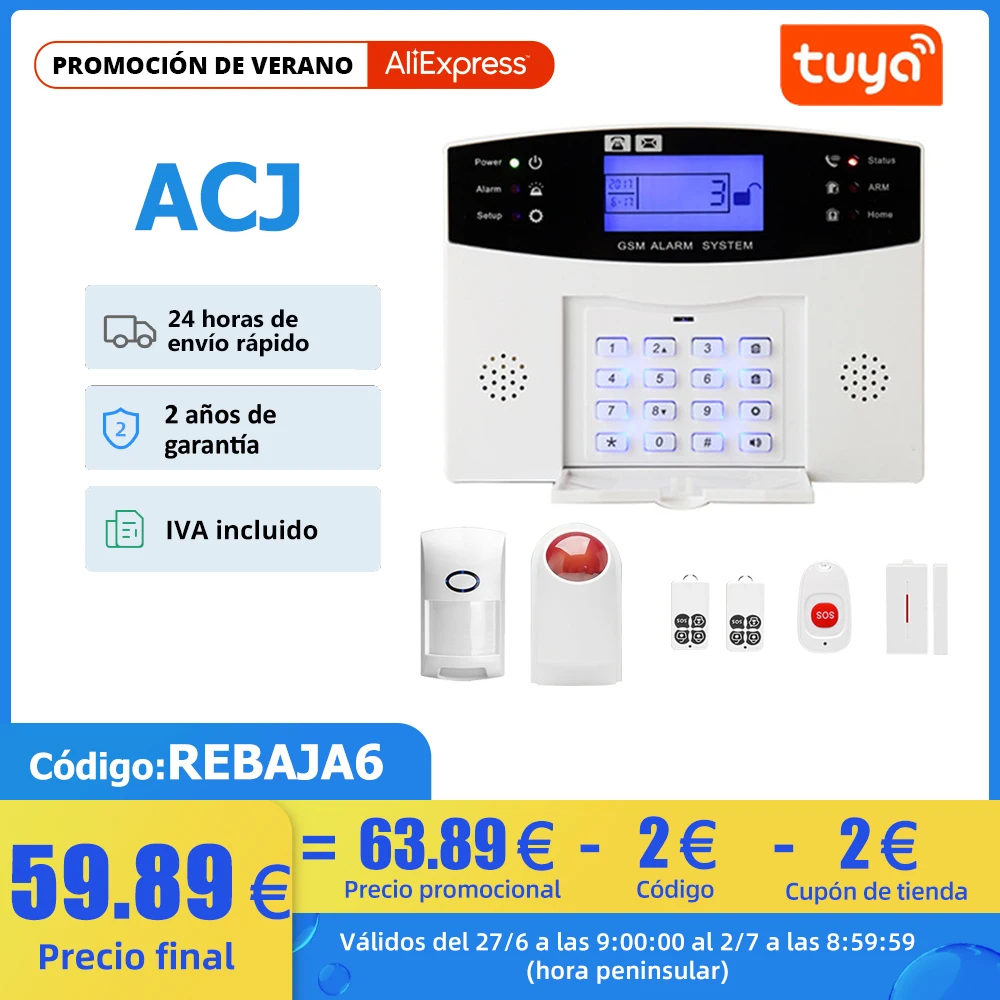 ACJ Tuya GSM WIFI Alarm System Smart Home Burglar Alarm 433MHZ Wireless Wired Zone Link Alexa Google PIR Smoke Motion Sensor
