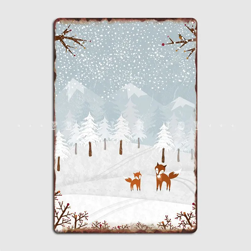 

Милый зимний пейзаж с лисой, семейный постер, металлический плакат, настенный паб, дизайн для дома, Настенный декор, жестяной плакат