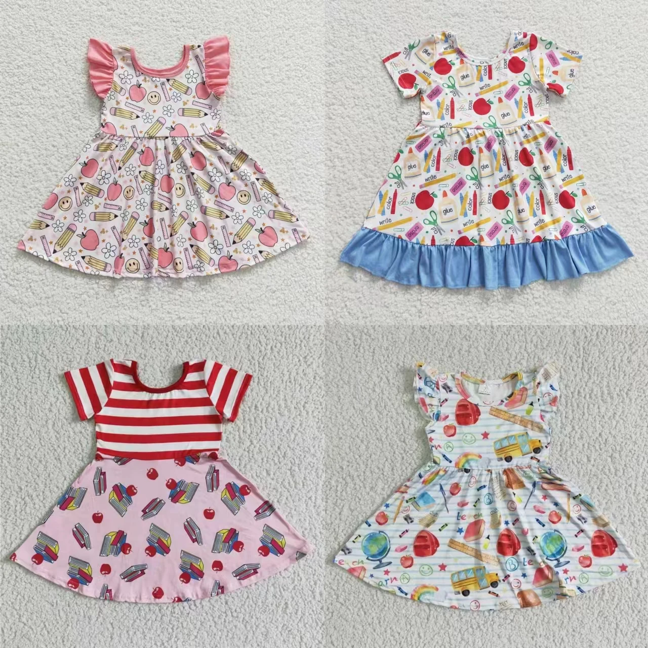 Floral Back To School Kids Twirl Dress Children Toddler Flower Apples Clothes
