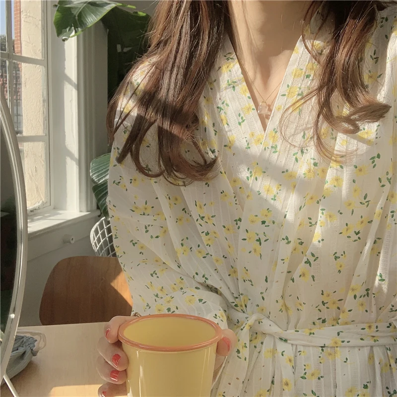 Japanese Sweet Sleepdress Printing Robe Nightdress Women's Spring Autumn 2022  Long Lace Kimono Leisure Home Clothes