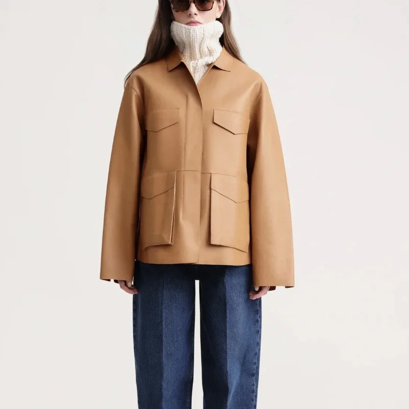 

Fall and Winter Simple Commuter Work Style Loose Faux Leather Zipper Blazer Female Jacket Women Coats Ladies Clothing