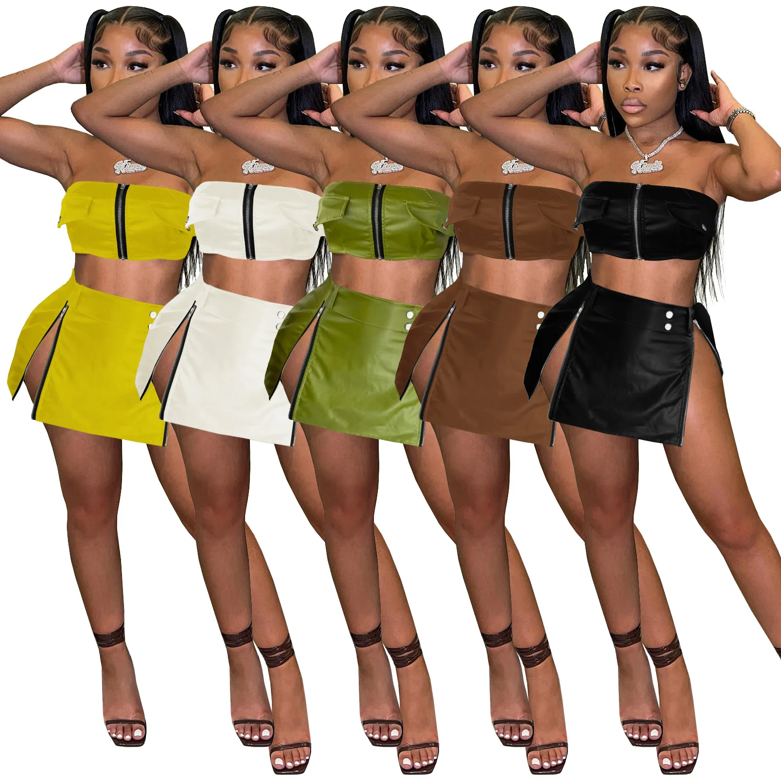 

LEOSD Fashion Design Zipper Strapless Crop Top and Zipper Mini Skirt Set PU Leather Sexy Bodycon Two Piece Set Streetwear