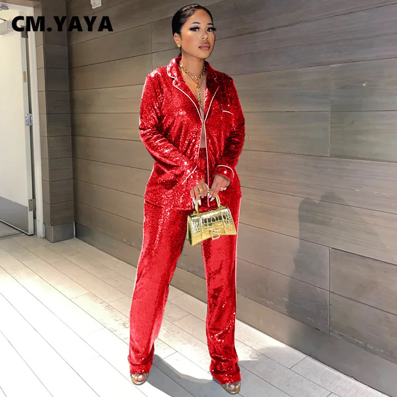 CM.YAYA Elegant Sequins Women's Set Blazer Shirt and Wide Leg Pants 2022 Sexy Party Evening Night Two 2 Piece Outfits |